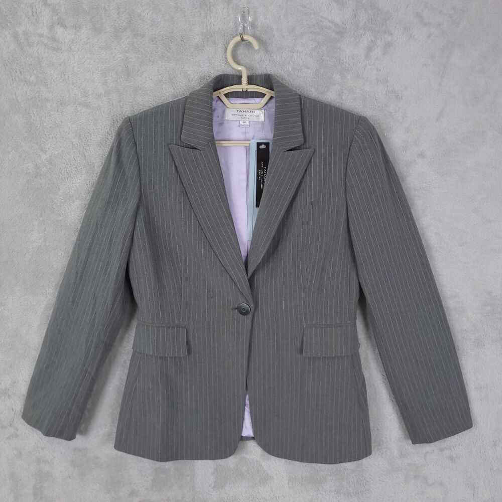 NWT Tahari ASL Blazer Womens Gray Sz 6P Long Sleeve Pinstripe One Button Career